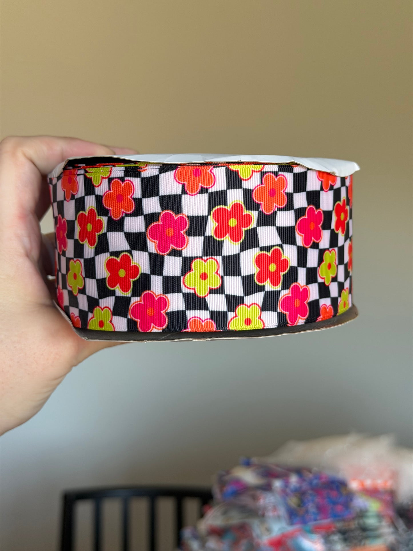 2.5” Grosgrain Neon Floral Ribbon (by the yard)
