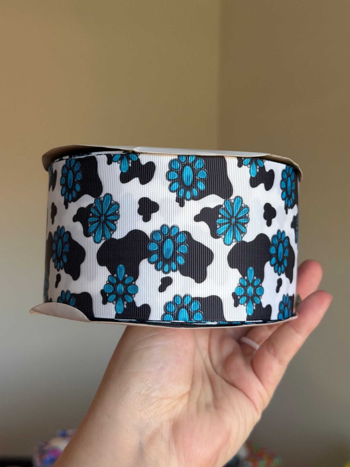 3” Grosgrain Turquoise Cow Ribbon (by the yard)