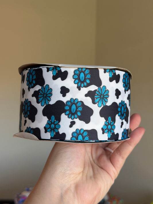 3” Grosgrain Turquoise Cow Ribbon (by the yard)