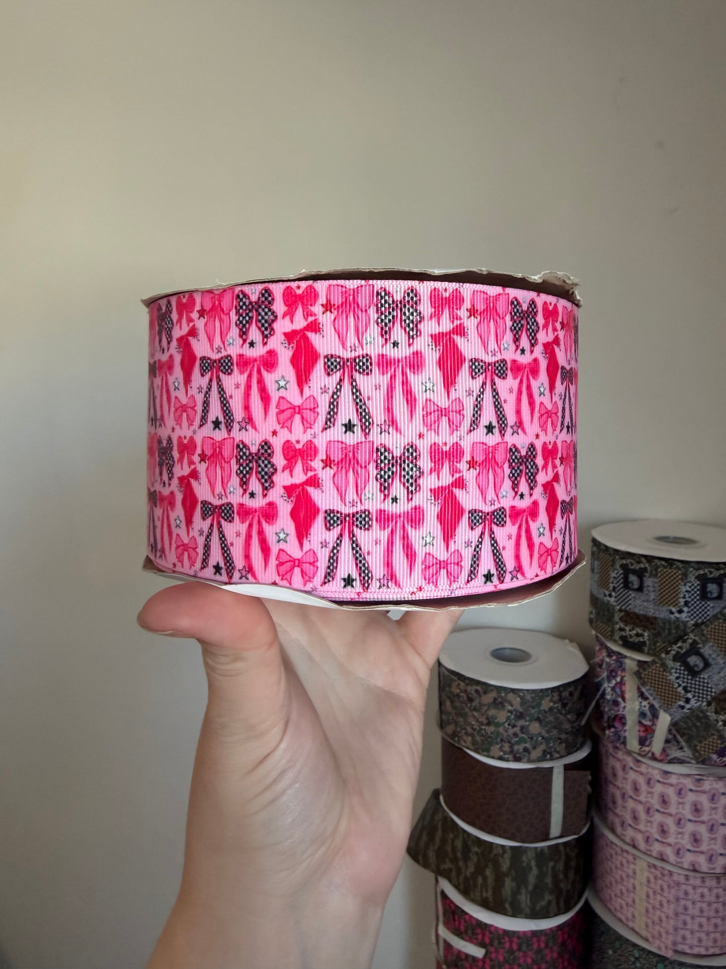 3” Grosgrain Pink Check Bows Ribbon (by the yard)
