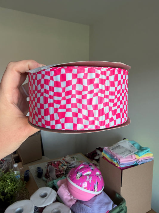 2.5” Grosgrain Pink Check Ribbon (by the yard)