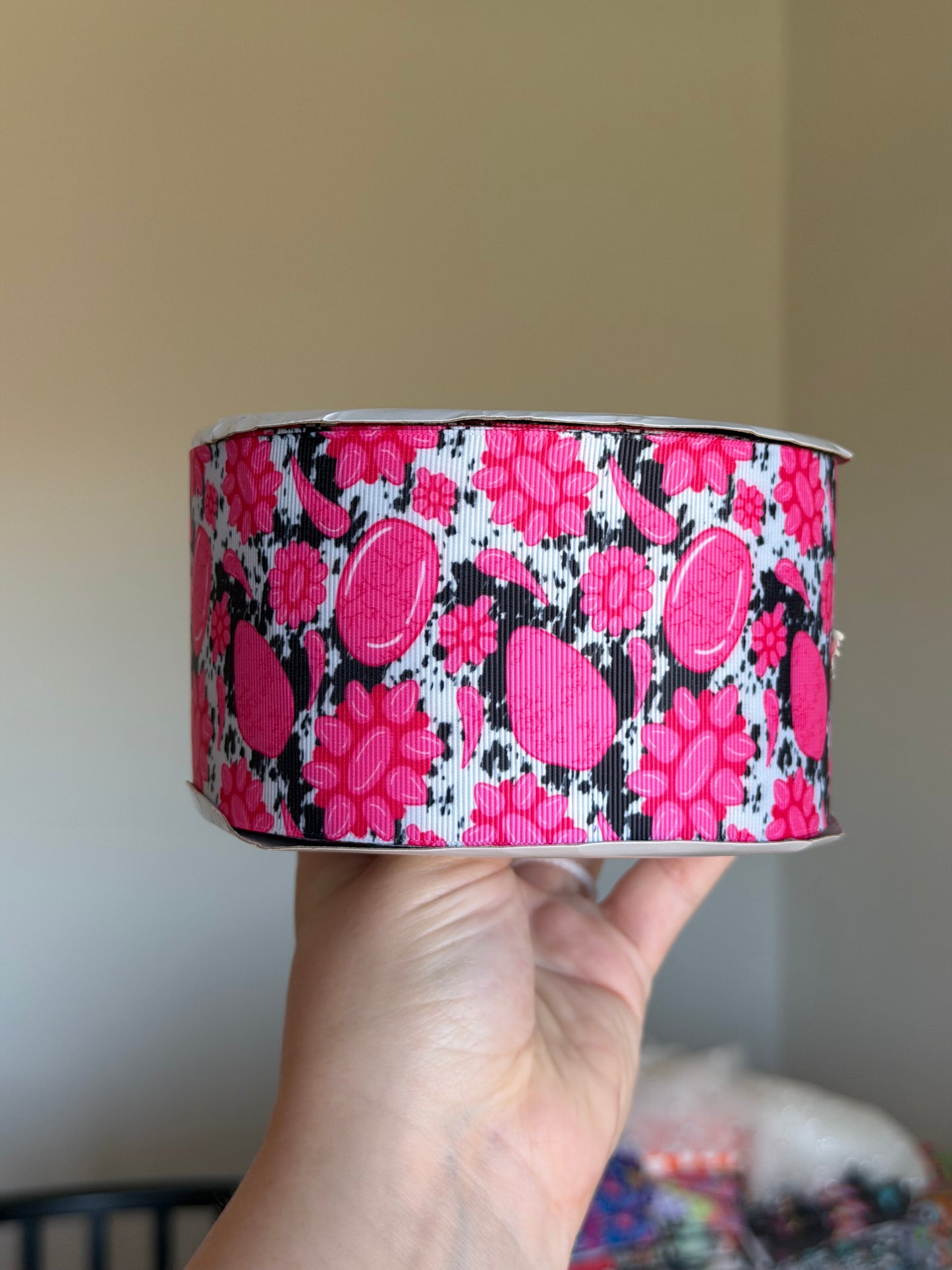 3” Grosgrain Pink Cow Concho Ribbon (by the yard)
