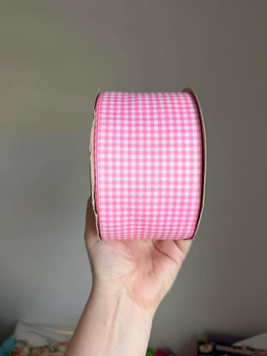 3” Grosgrain Pink Gingham Ribbon (by the yard)