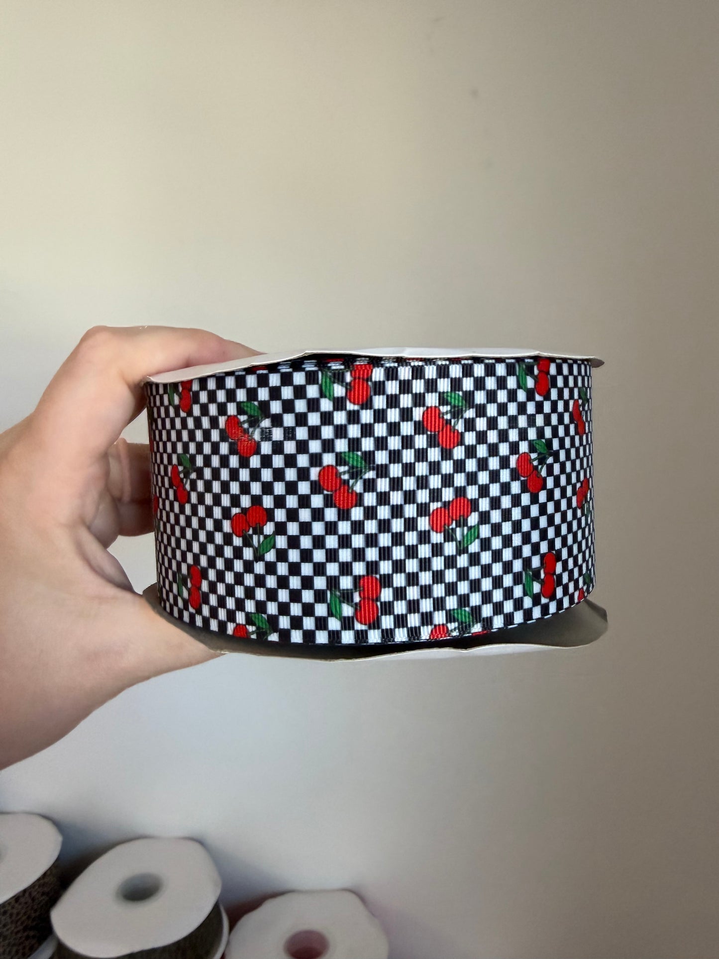2.5” Grosgrain Check Cherries Ribbon (by the yard)
