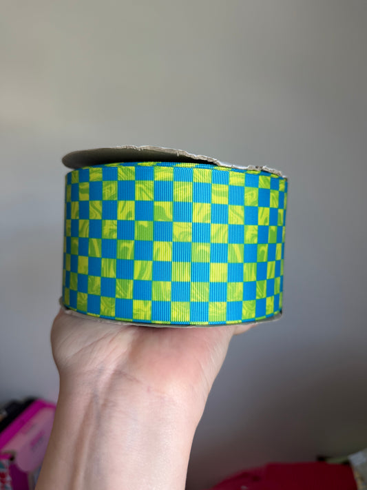3” Grosgrain Neon Check Ribbon (by the yard)