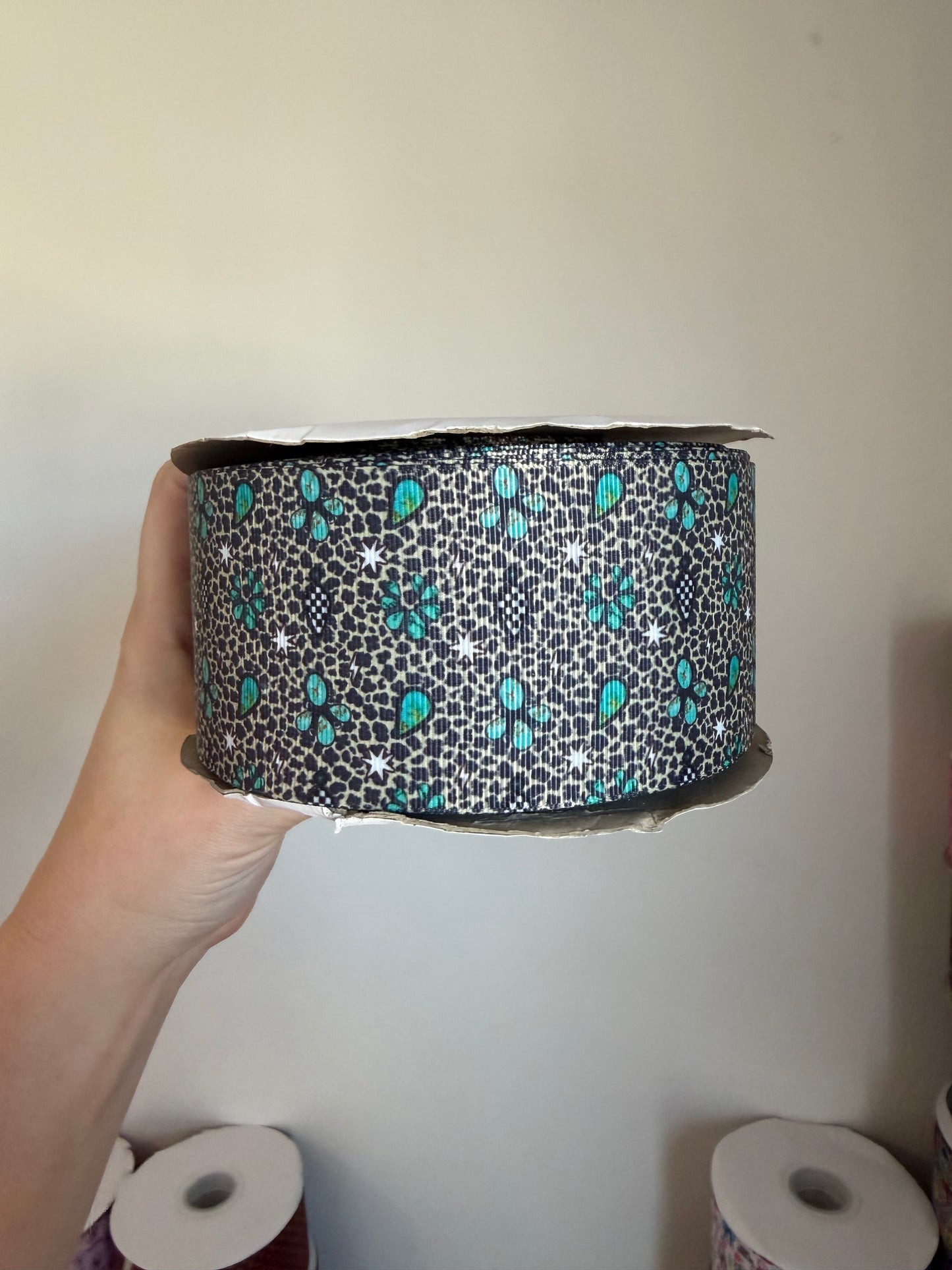 2.5” Grosgrain Leopard Turq Ribbon (by the yard)