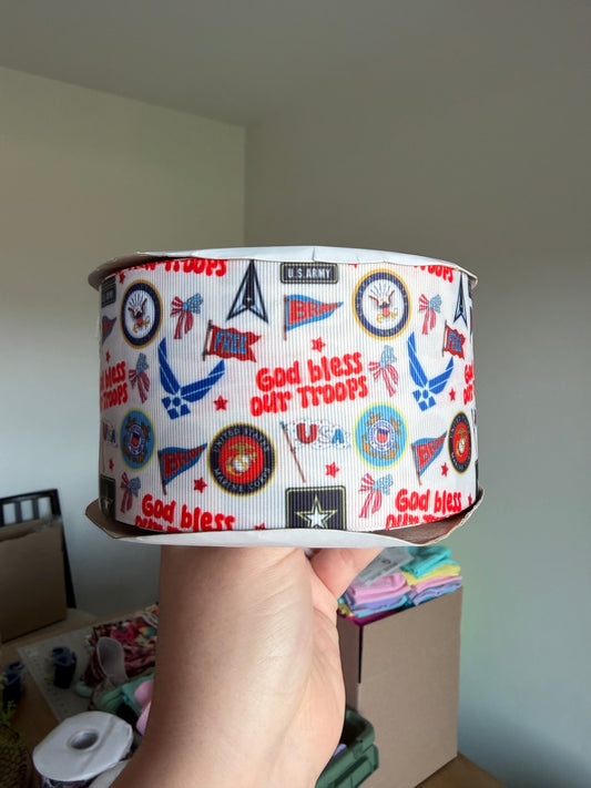 3” Grosgrain God Bless Our Troops Ribbon (by the yard)